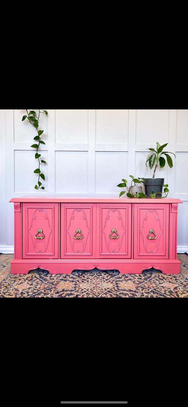 An antique pink buffet refinished by ARK Furniture Toronto a sustainable designer furniture store from Toronto, Canada. 