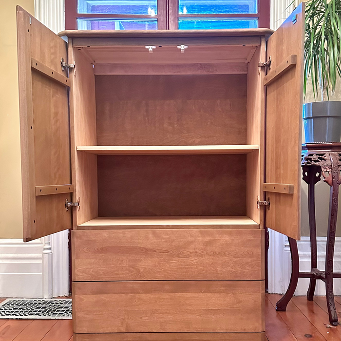 Wooden cabinet with open doors on a wooden floor, with a plant in the background.