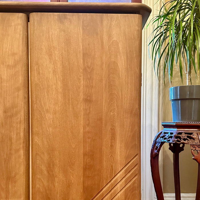 Wooden cabinet with a plant on a side table in the background